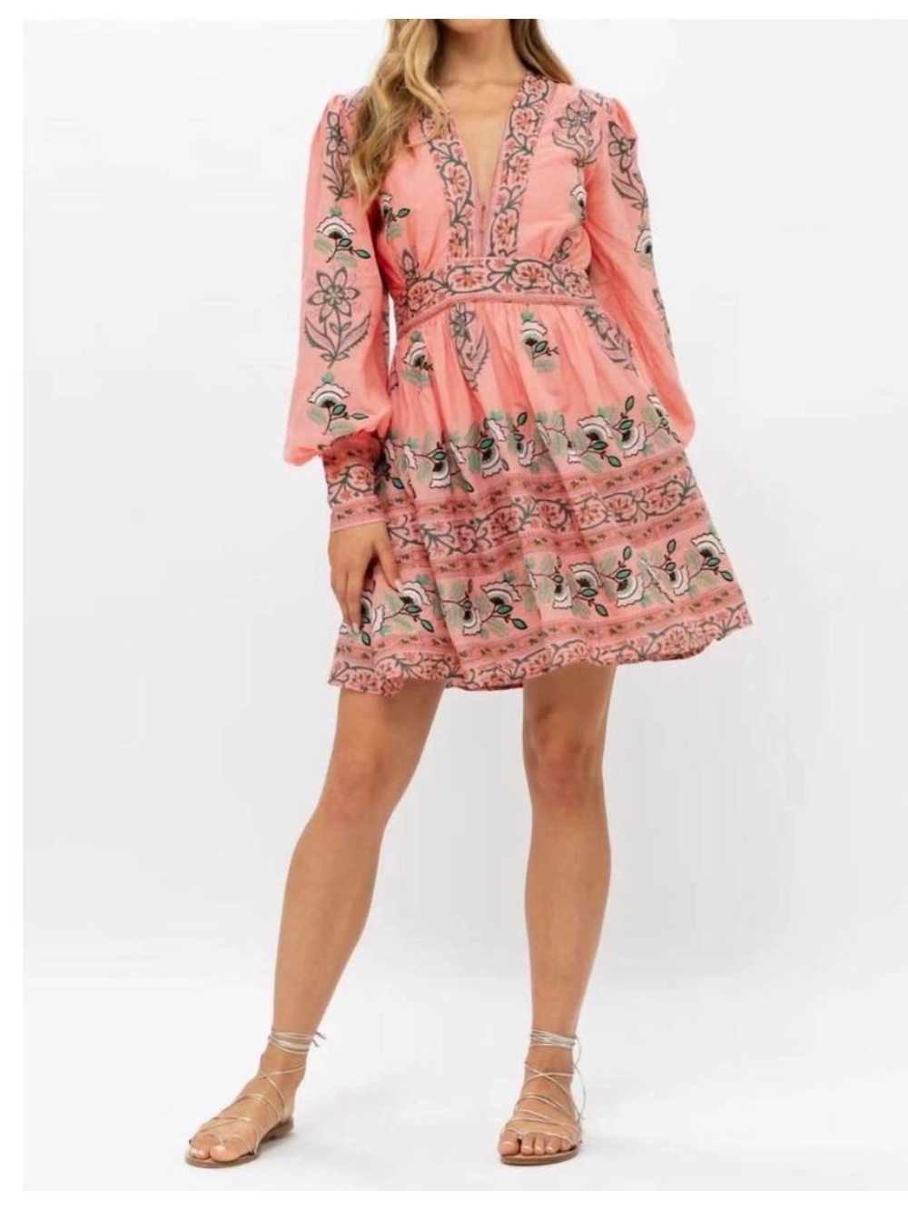 OLIPHANT Udaipor Bell Sleeve Tiered Mini Dress Size M Coral/Green Worn 1x!